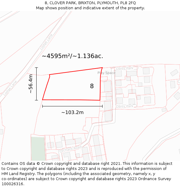 8, CLOVER PARK, BRIXTON, PLYMOUTH, PL8 2FQ: Plot and title map