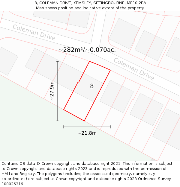 8, COLEMAN DRIVE, KEMSLEY, SITTINGBOURNE, ME10 2EA: Plot and title map