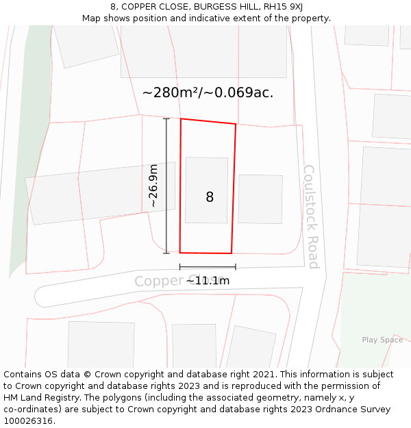 8, COPPER CLOSE, BURGESS HILL, RH15 9XJ: Plot and title map