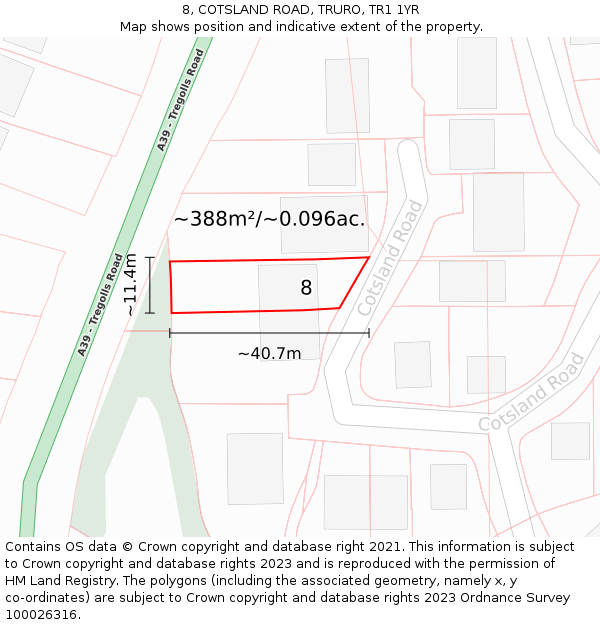 8, COTSLAND ROAD, TRURO, TR1 1YR: Plot and title map