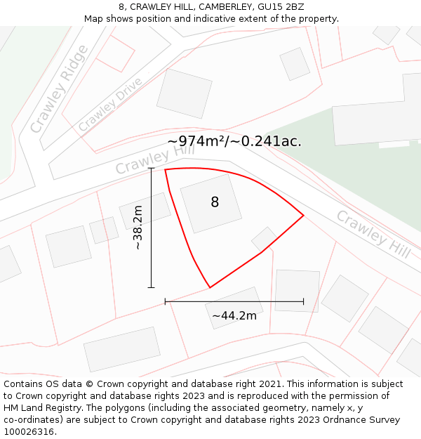 8, CRAWLEY HILL, CAMBERLEY, GU15 2BZ: Plot and title map