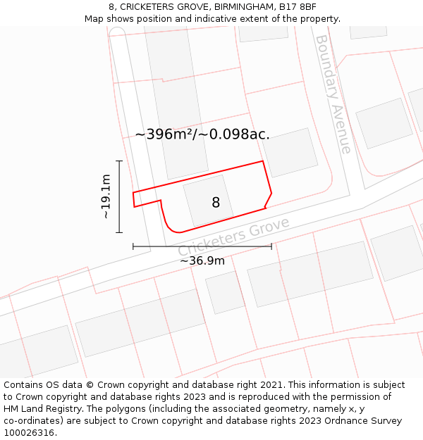 8, CRICKETERS GROVE, BIRMINGHAM, B17 8BF: Plot and title map