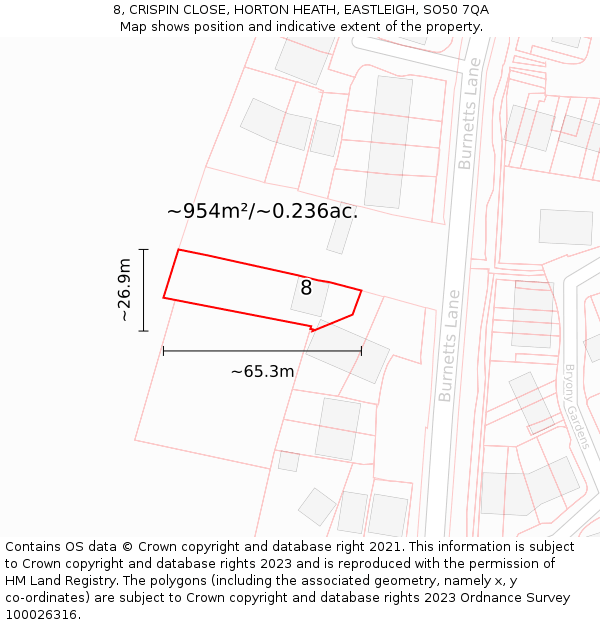 8, CRISPIN CLOSE, HORTON HEATH, EASTLEIGH, SO50 7QA: Plot and title map