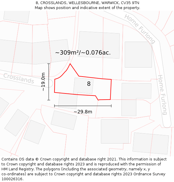 8, CROSSLANDS, WELLESBOURNE, WARWICK, CV35 9TN: Plot and title map