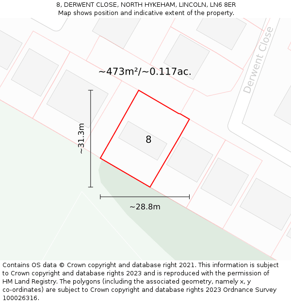 8, DERWENT CLOSE, NORTH HYKEHAM, LINCOLN, LN6 8ER: Plot and title map