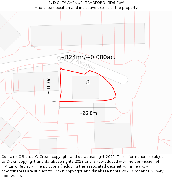 8, DIGLEY AVENUE, BRADFORD, BD6 3WY: Plot and title map