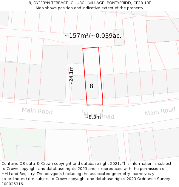 8, DYFFRYN TERRACE, CHURCH VILLAGE, PONTYPRIDD, CF38 1RE: Plot and title map