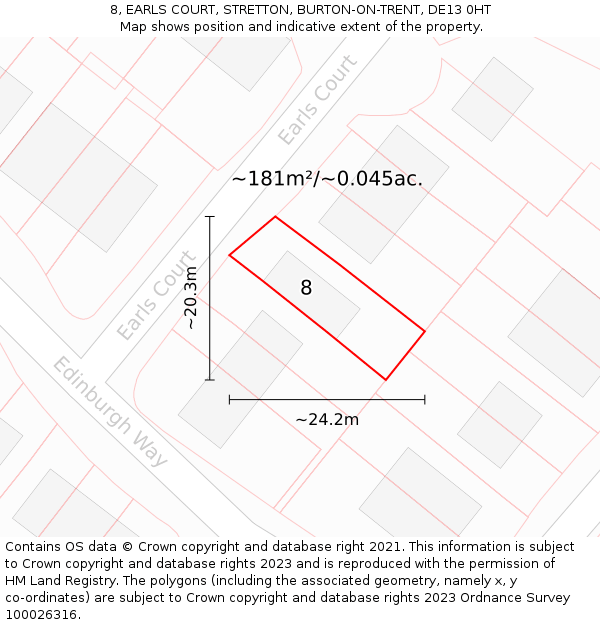 8, EARLS COURT, STRETTON, BURTON-ON-TRENT, DE13 0HT: Plot and title map