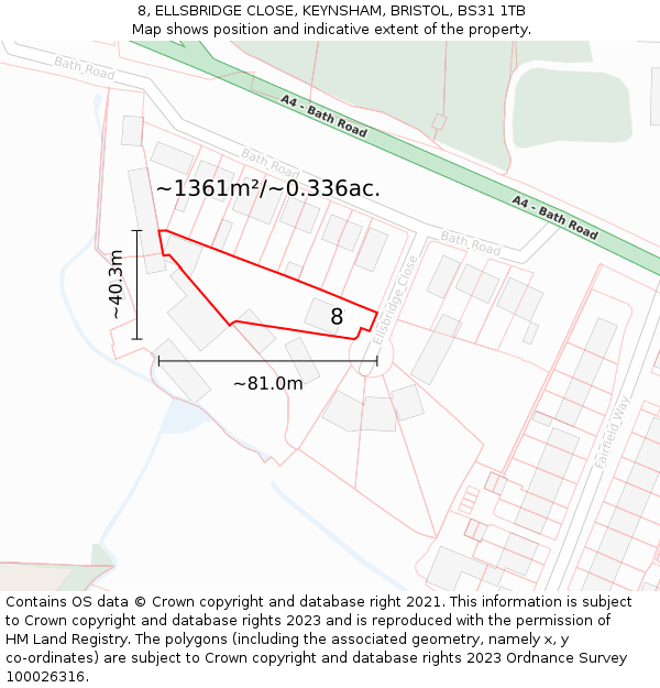 8, ELLSBRIDGE CLOSE, KEYNSHAM, BRISTOL, BS31 1TB: Plot and title map