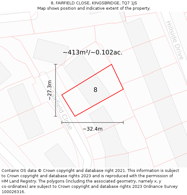 8, FAIRFIELD CLOSE, KINGSBRIDGE, TQ7 1JS: Plot and title map