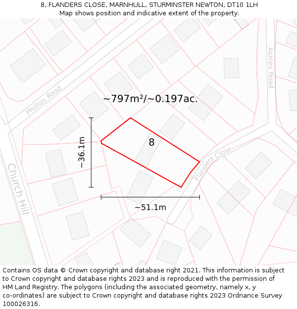 8, FLANDERS CLOSE, MARNHULL, STURMINSTER NEWTON, DT10 1LH: Plot and title map