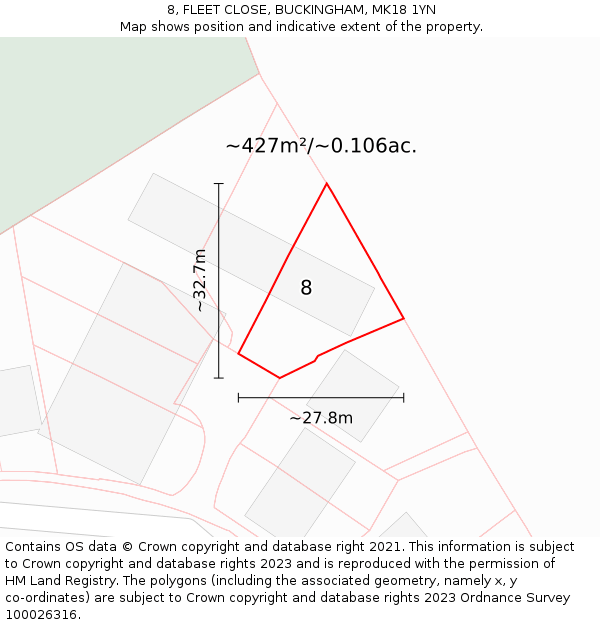 8, FLEET CLOSE, BUCKINGHAM, MK18 1YN: Plot and title map