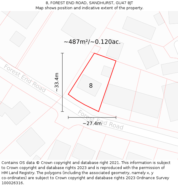 8, FOREST END ROAD, SANDHURST, GU47 8JT: Plot and title map