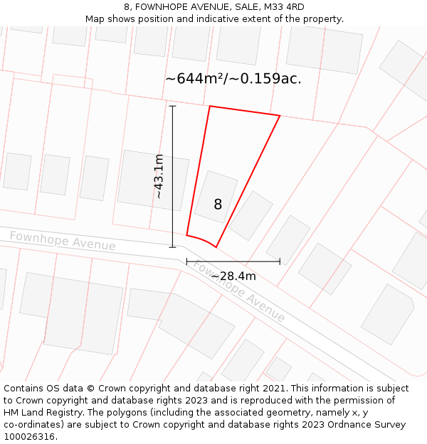 8, FOWNHOPE AVENUE, SALE, M33 4RD: Plot and title map