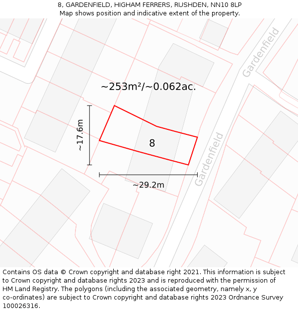 8, GARDENFIELD, HIGHAM FERRERS, RUSHDEN, NN10 8LP: Plot and title map