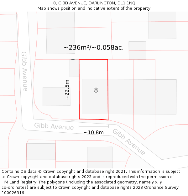 8, GIBB AVENUE, DARLINGTON, DL1 1NQ: Plot and title map