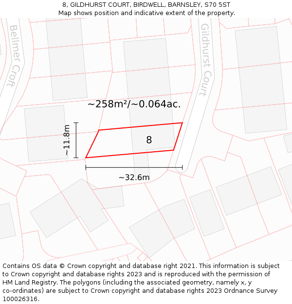 8, GILDHURST COURT, BIRDWELL, BARNSLEY, S70 5ST: Plot and title map