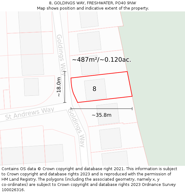 8, GOLDINGS WAY, FRESHWATER, PO40 9NW: Plot and title map