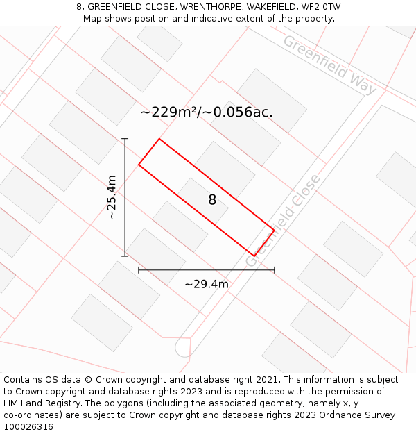 8, GREENFIELD CLOSE, WRENTHORPE, WAKEFIELD, WF2 0TW: Plot and title map