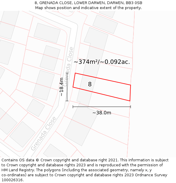 8, GRENADA CLOSE, LOWER DARWEN, DARWEN, BB3 0SB: Plot and title map