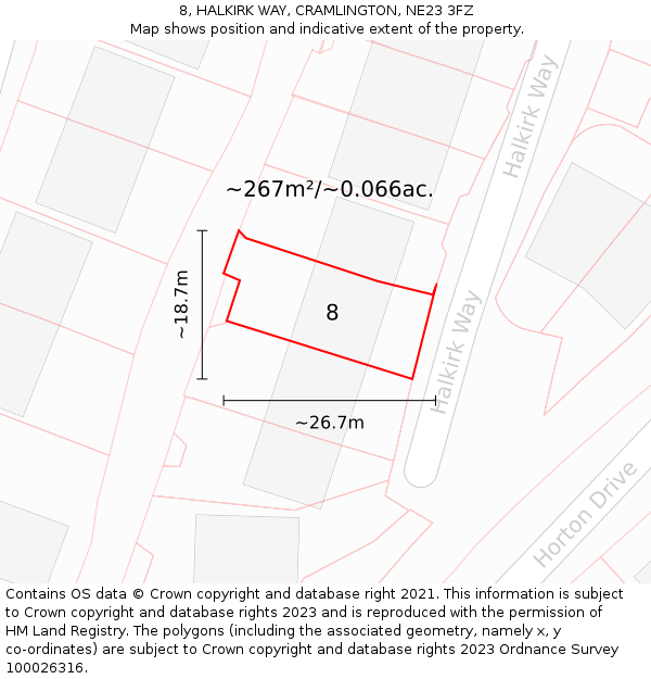 8, HALKIRK WAY, CRAMLINGTON, NE23 3FZ: Plot and title map