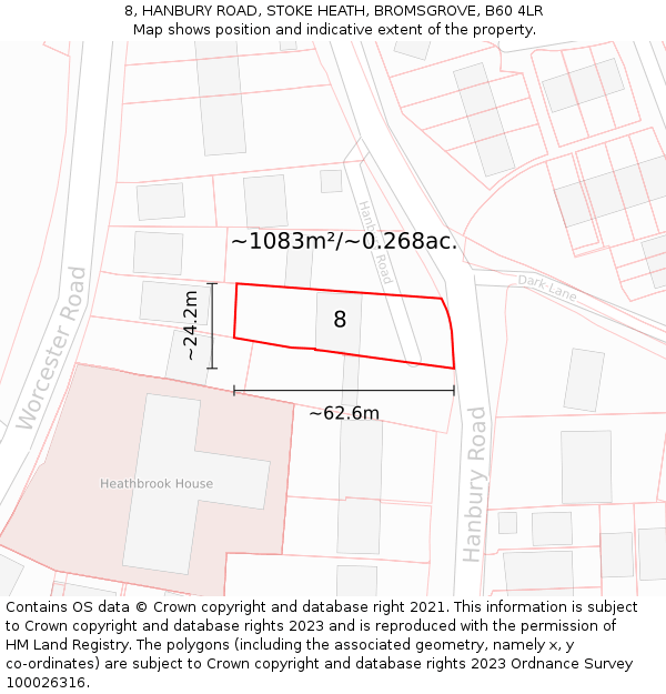 8, HANBURY ROAD, STOKE HEATH, BROMSGROVE, B60 4LR: Plot and title map