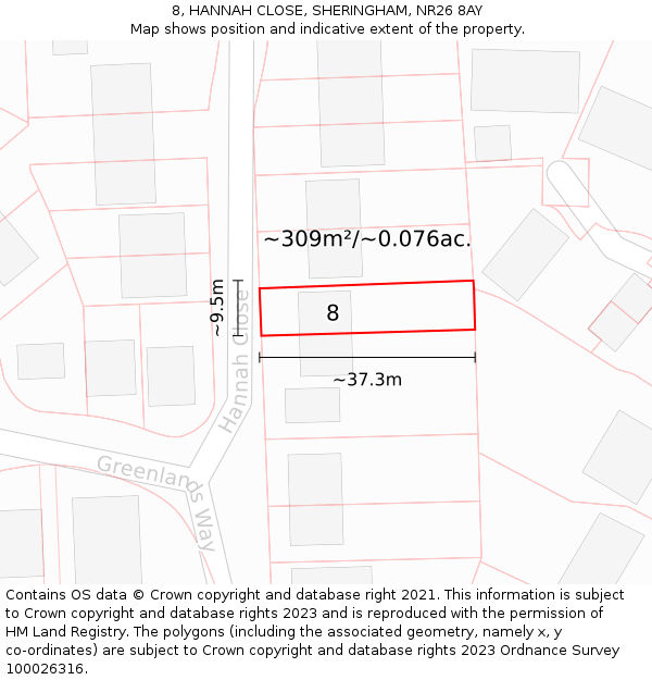 8, HANNAH CLOSE, SHERINGHAM, NR26 8AY: Plot and title map