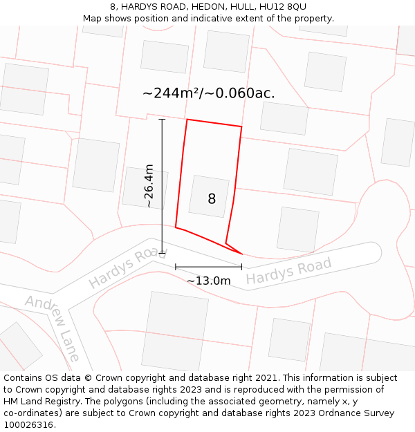 8, HARDYS ROAD, HEDON, HULL, HU12 8QU: Plot and title map