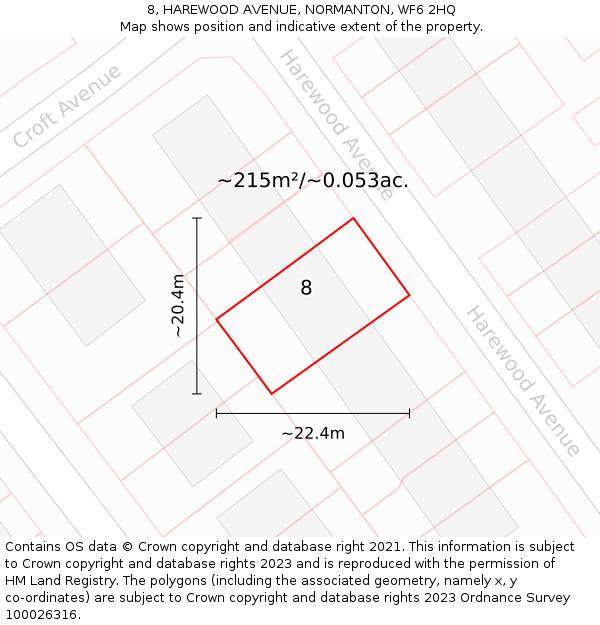 8, HAREWOOD AVENUE, NORMANTON, WF6 2HQ: Plot and title map