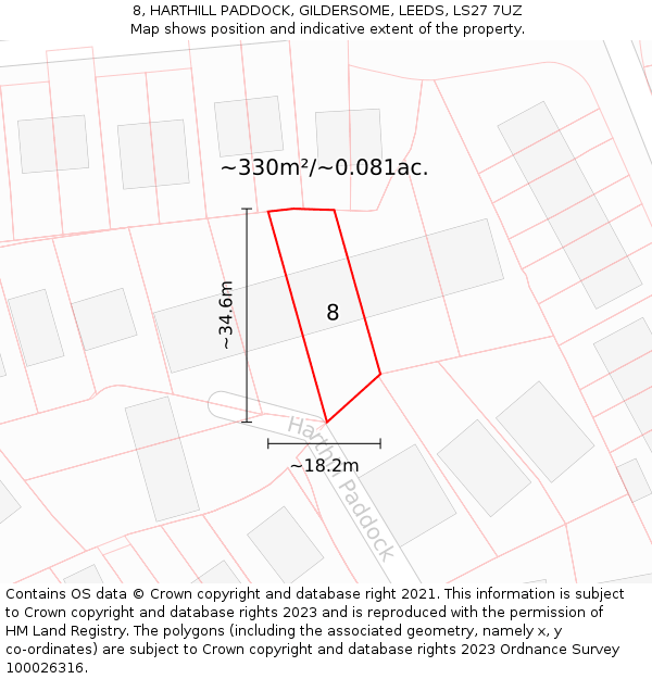 8, HARTHILL PADDOCK, GILDERSOME, LEEDS, LS27 7UZ: Plot and title map