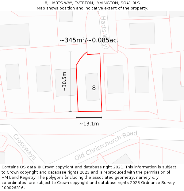 8, HARTS WAY, EVERTON, LYMINGTON, SO41 0LS: Plot and title map