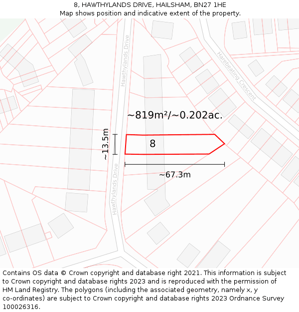 8, HAWTHYLANDS DRIVE, HAILSHAM, BN27 1HE: Plot and title map