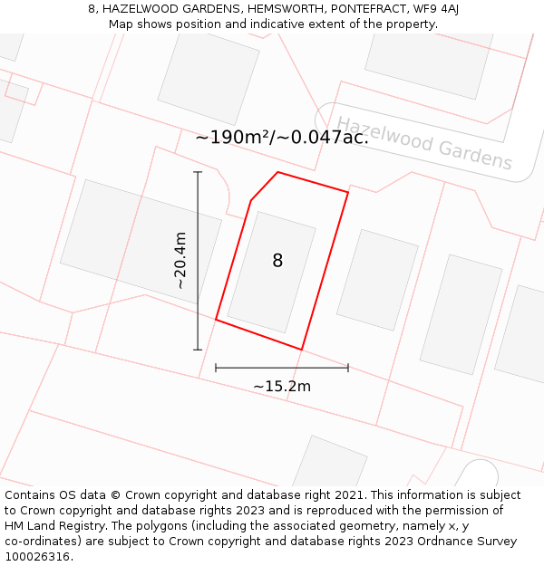 8, HAZELWOOD GARDENS, HEMSWORTH, PONTEFRACT, WF9 4AJ: Plot and title map