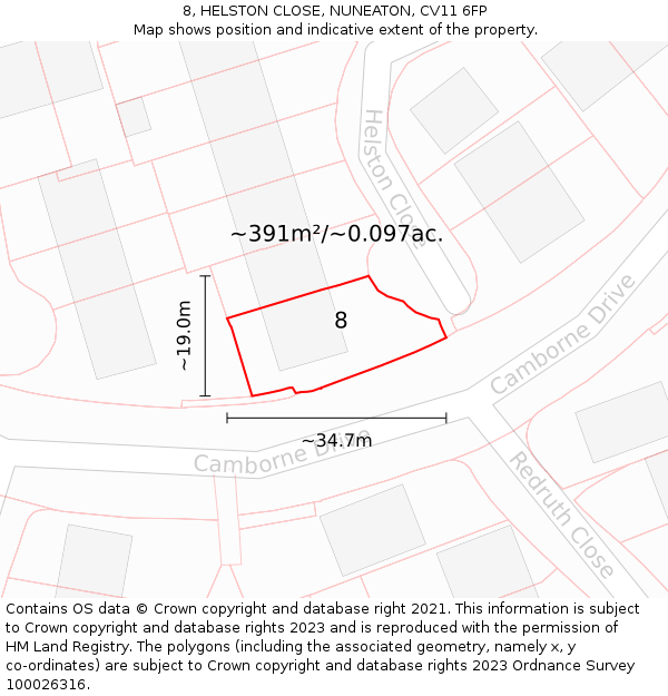 8, HELSTON CLOSE, NUNEATON, CV11 6FP: Plot and title map