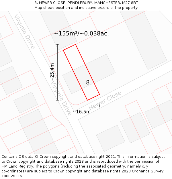 8, HEWER CLOSE, PENDLEBURY, MANCHESTER, M27 8BT: Plot and title map