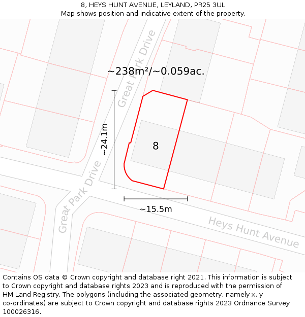 8, HEYS HUNT AVENUE, LEYLAND, PR25 3UL: Plot and title map