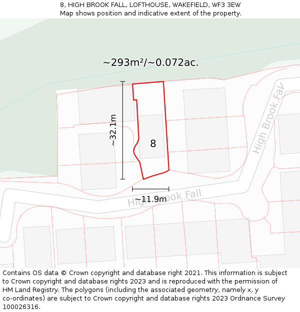 8, HIGH BROOK FALL, LOFTHOUSE, WAKEFIELD, WF3 3EW: Plot and title map