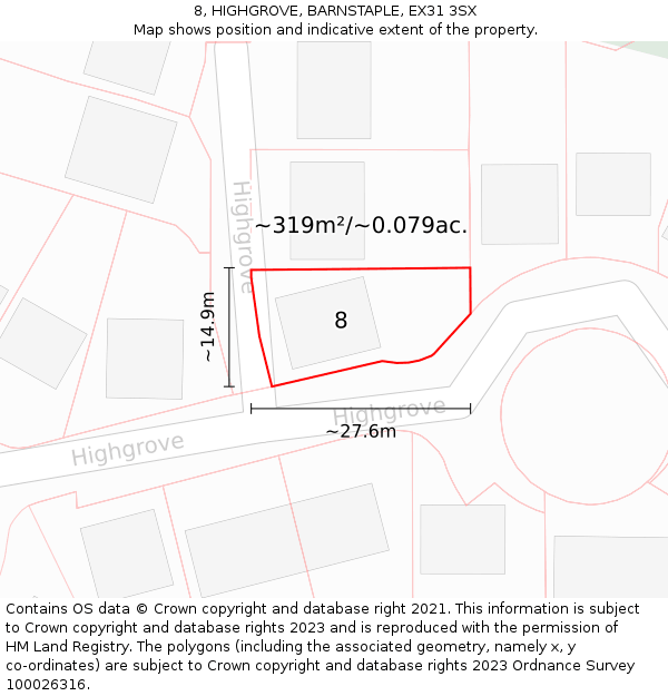 8, HIGHGROVE, BARNSTAPLE, EX31 3SX: Plot and title map