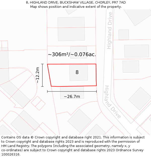 8, HIGHLAND DRIVE, BUCKSHAW VILLAGE, CHORLEY, PR7 7AD: Plot and title map