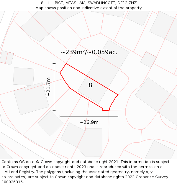 8, HILL RISE, MEASHAM, SWADLINCOTE, DE12 7NZ: Plot and title map