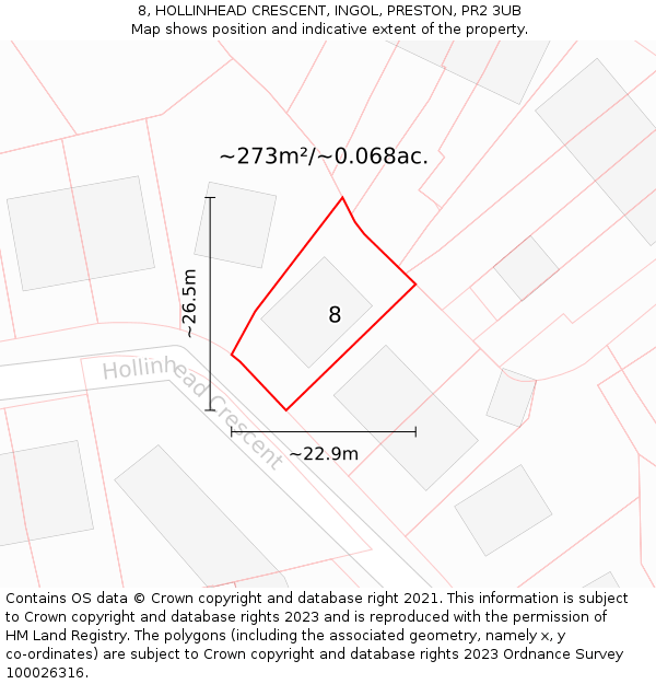 8, HOLLINHEAD CRESCENT, INGOL, PRESTON, PR2 3UB: Plot and title map