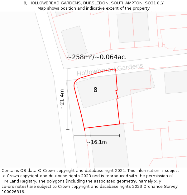 8, HOLLOWBREAD GARDENS, BURSLEDON, SOUTHAMPTON, SO31 8LY: Plot and title map