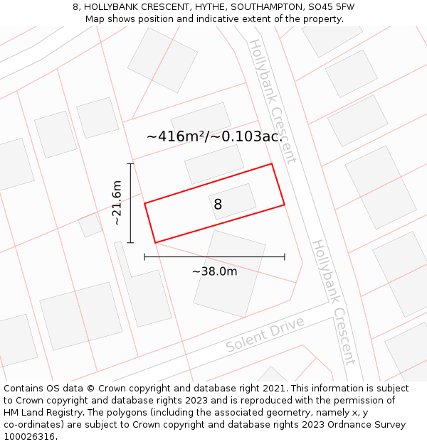 8, HOLLYBANK CRESCENT, HYTHE, SOUTHAMPTON, SO45 5FW: Plot and title map