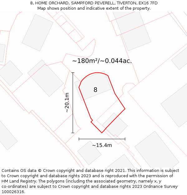 8, HOME ORCHARD, SAMPFORD PEVERELL, TIVERTON, EX16 7FD: Plot and title map
