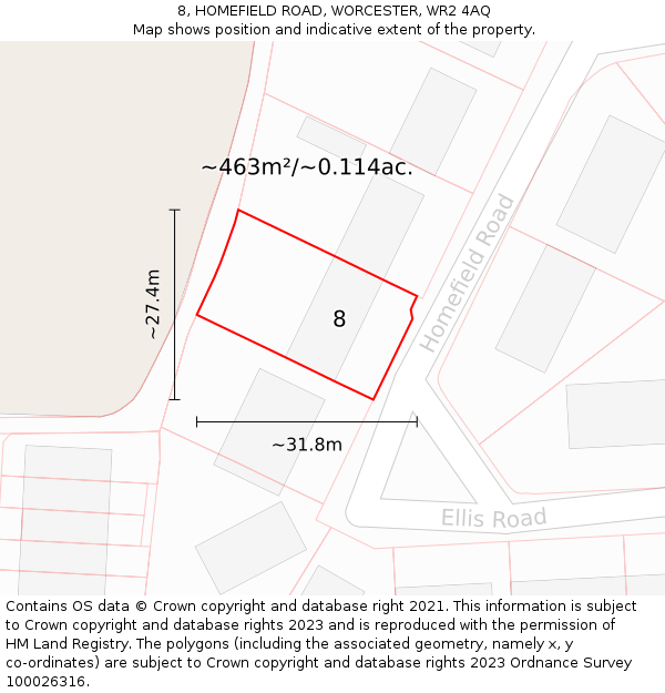 8, HOMEFIELD ROAD, WORCESTER, WR2 4AQ: Plot and title map