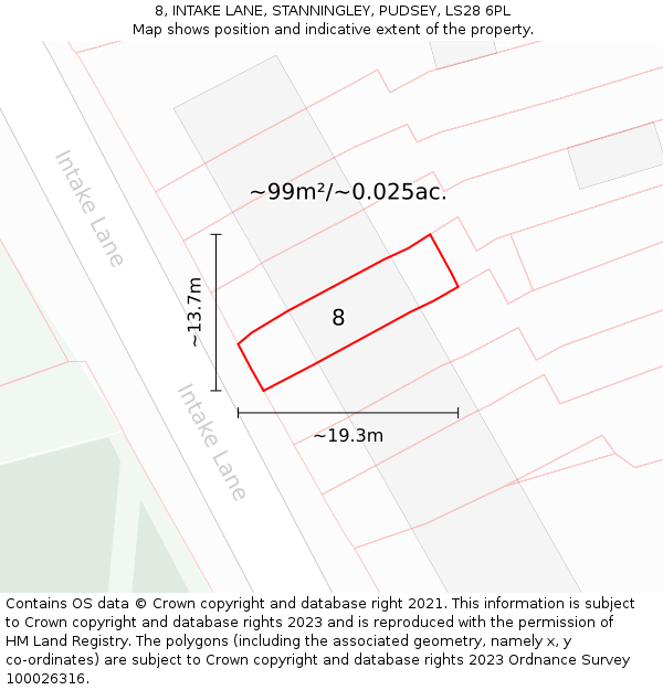 8, INTAKE LANE, STANNINGLEY, PUDSEY, LS28 6PL: Plot and title map