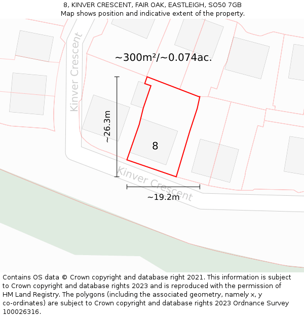 8, KINVER CRESCENT, FAIR OAK, EASTLEIGH, SO50 7GB: Plot and title map