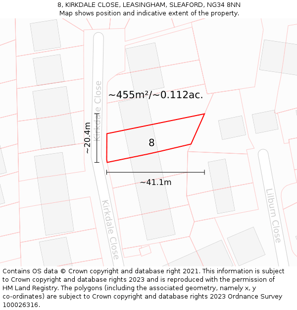 8, KIRKDALE CLOSE, LEASINGHAM, SLEAFORD, NG34 8NN: Plot and title map