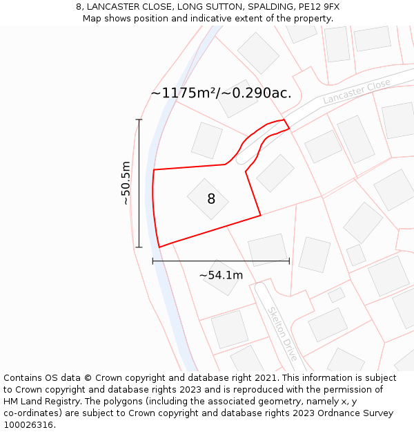 8, LANCASTER CLOSE, LONG SUTTON, SPALDING, PE12 9FX: Plot and title map