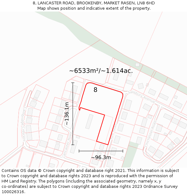 8, LANCASTER ROAD, BROOKENBY, MARKET RASEN, LN8 6HD: Plot and title map